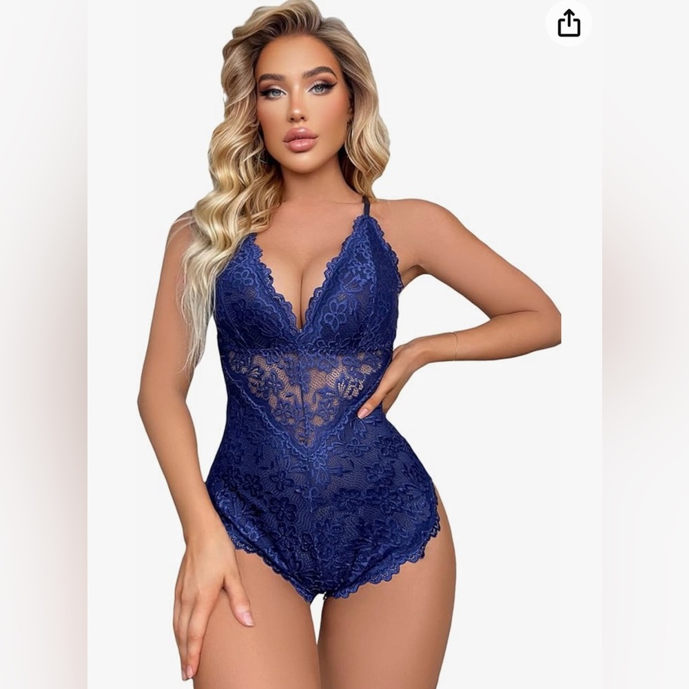 Women's Floral Lace Scalloped Trim Criss Cross Back Lingerie Teddy Bodysuit